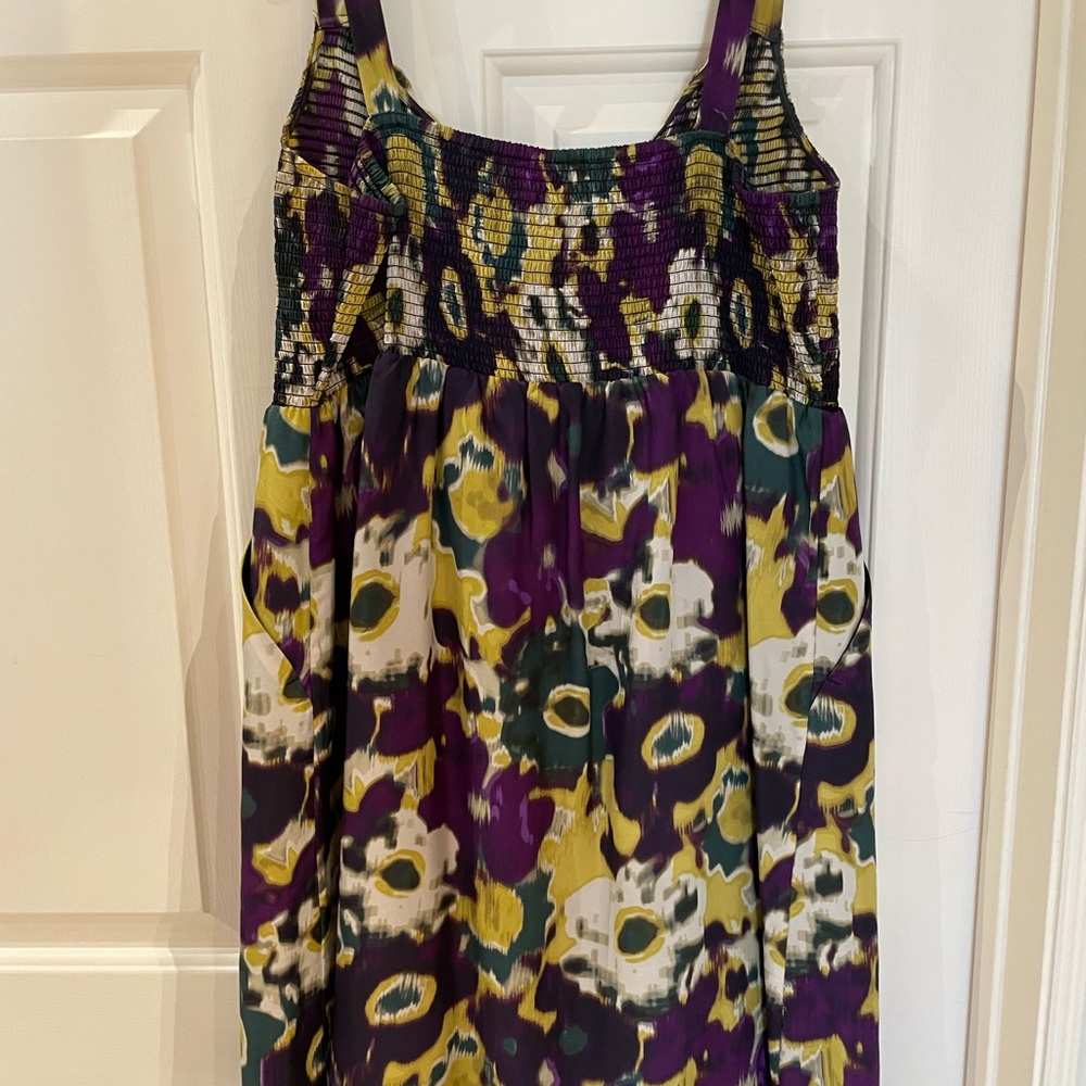 Anthropologie Maeve Giverny Silk Floral Purple Yellow Green Smocked Dress Size M